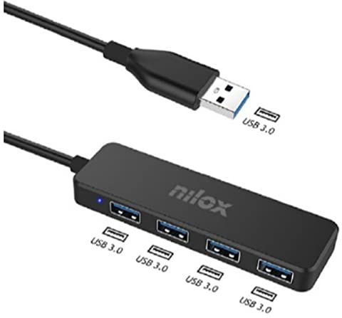 Nilox NXHUB402 Hub USB con 4 Porte, 4 Porte di Ingresso USB 3.0 e 1 Porta di Uscita USB 3.0, Ideale per Espandere le Porte USB del Device, Realizzata in Alluminio, Nero