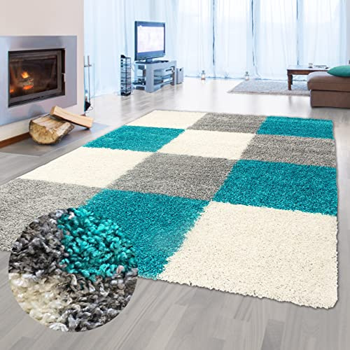 Teppich-Traum Shaggy Teppich Hochflor Karo Türkis Grau Creme 120x170 cm | Weich und flauschig, pflegeleicht, strapazierfähig, formstabil, saugrobotergeeignet, OEKO-TEX geprüft, Wohn- & Jugendzimmer