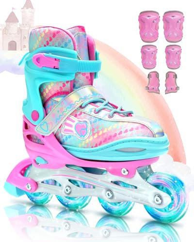 Inliner für Kinder 34-41 Verstellbar, Sportneer Inline Skates Mit 6er Protektoren Setfür Kinder Mädchen Damen, 8 LED inliner Kinder Regenbogenserie (Rosa, L(EU 38-41))