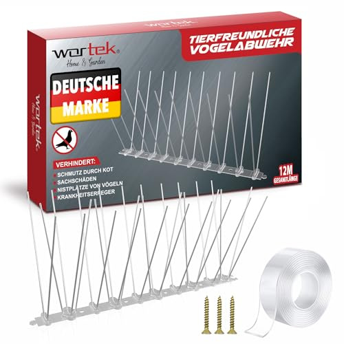 wortek Taubenabwehr Spikes Vogelabwehr Spikes - Edelstahl 12 Meter mit Sollbruchstellen - Tierfreundliche Taubenabwehr Balkon Dach Garten Fenster - Vogelschutz Taubenschutz Vogelschreck Vogelabwehr