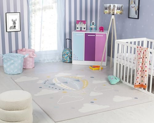 Livabliss Alfombra Infantil habitacion Globo Aerostático - Alfombra Bebe para Dormitorio, Habitacion de Niños, Guardería o Sala de Juegos - Alfombras Niños Niñas, Color Gris, 120x170cm