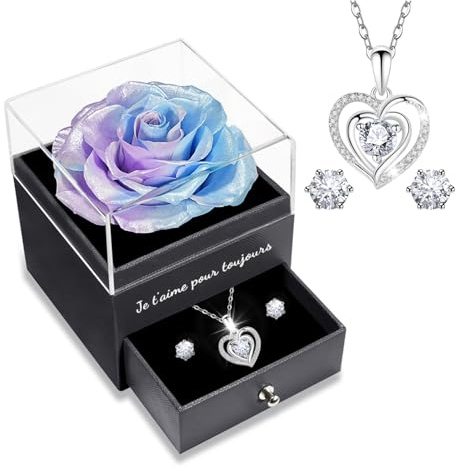 Sunia Rose Eternelle avec Bijoux Argent 925,Collier Coeur Boucles d'oreilles,Coffret Cadeau Femme,Rose Préservée avec Collier,Cadeau Anniversaire Femme,Amour Cadeau,Fete des Meres,Noël,Saint-Valentin