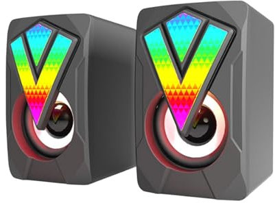 Game PC Speakers – USB-Powered RGB Desktop Speakers | 2.0 Channel Multimedia Speakers with 3.5mm Audio Interface | Lighted Wired Speakers for Notebooks, Monitors, and Home Desks