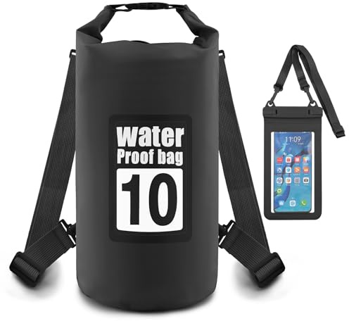 Artmitz 10L Waterproof Dry Bag with Phone Pouch & Double Shoulder Strap - Waterproof Backpack for Travel, Fishing, Cycling, Kayaking, Swimming, Boating & Beach (Black)