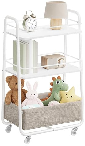 VASAGLE LILEA Collection - Chariot de Rangement avec Panier en Tissu, Chariot à roulettes à 3 Niveaux, avec Étagères, pour Salon, Chambre, Cuisine, Blanc Nuage et Marron Camel LRC001WB01
