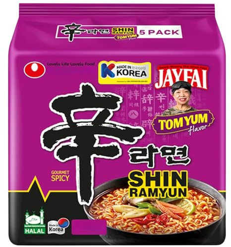 Nong shim Shin Ramyun Korean Tom Yum Noodles Pack of 5 (123g Each) - Hot & Sour Instant Ramen Soup for Quick Meals & Noodles