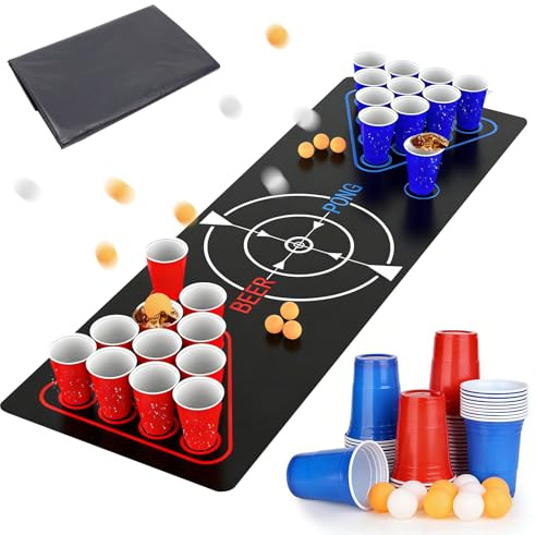 Tmefoy Set de Beer Pong pour Fête et Adultes, Jeu Alcool Adulte avec Tapis de Table, Gobelets Biere Pong Jeu, Facile à Nettoyer pour Camping, Anniversaire, Mariage