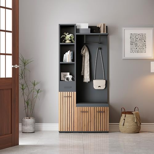 Worletty Scarpiera, scarpiera, 80 x 35 x 175 cm, guardaroba compatto, casa con 2 armadi, armadio con 2 ganci, armadio per ingresso, armadietto imbottito, nero + colore legno