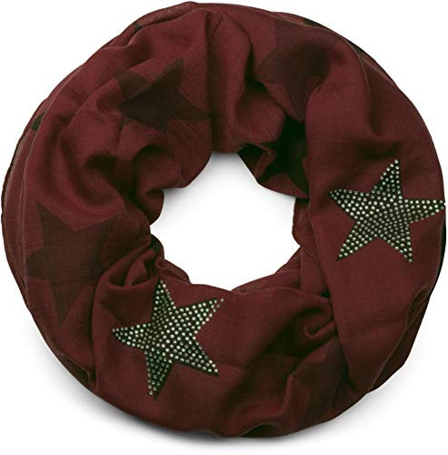 styleBREAKER Loop scarf with star pattern and noble rhinestone application, tube scarf, cloth, Women 01018086, Colour:Wine Red-Dark Red