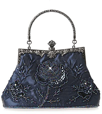 DA BODAN vintage blommiga pärlor strass broderi clutch paljetter bröllop fest avslutningsbal väska brud damer crossbody kväll handväska, Mörkblå, 22cm * 21cm