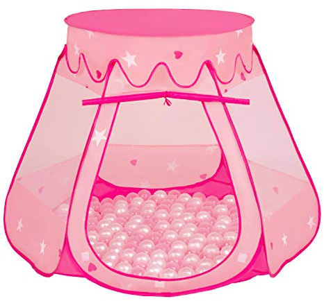 Selonis Lektält, 105 x 90 cm/100 bollar, slott, hus, pop-up, bollhav, plastbollar för barn, rosa: pärla/genomskinlig