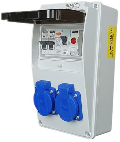 Stromverteiler 230V - Schuko Steckdosen, Signalleuchte LED Rot -Baustromverteiler - Fi Schutzschalter 40A, 2x Leistungsschalter C16A