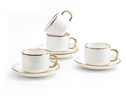 Agyiuns Tea Cups and Saucers with Gold Trim, 6.76 Ounce White Porcelain Tea Set & Coffee Cups for Latte, Cafe Mocha, Tea-Set of 4,Porcelain Mugs for Kitchen or Cafe(white and gold)