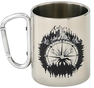 Tazza termica in metallo per escursionismo trekking, 280 ml, regalo per arrampicata alpinismo, con manico a moschettone in acciaio inox, con stampa rosa dei venti