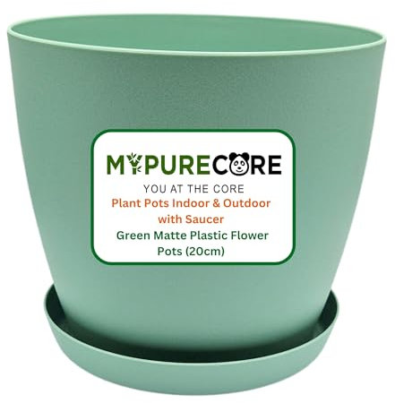 MYPURECORE Plant Pots Indoor with Saucer – Elegant Matte Plastic Flower Pot – Durable Indoor & Outdoor Planter for House Plants, Herbs & Succulents (Green, 20 cm)