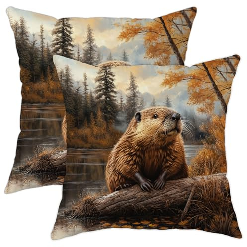 Fall Beaver Woodland Throw Pillow Covers 16x16 Set of 2, Soft Autumn Fun Animal Pillow Cases Kit with Zipper, Forest Wood River Decor for Couch Sofa Living Room Porch
