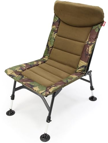 DNA Leisure Carp Fishing Chair, High Back Padded, Adjustable Mud Feet, Camo Design, Camping Festival