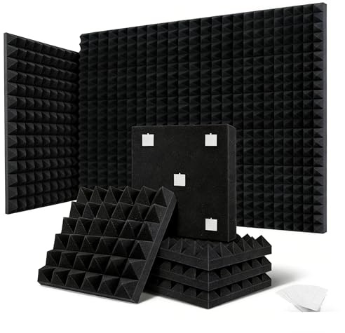24 Pack 12''X12''X2'' Acoustic Foam Acoustic Panel Flame Retardant Acoustic Wall Tile Reduces Echo and Noise in Recording Studios and Home Theatres with 120 PCS Double Sided Adhesive (Pyramid)
