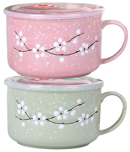 Tazones de sopa con tapas y asas | 2 tazones de sopa con asas, taza de microondas con sellado resistente al calor de 800 ml / 28 oz con tapa Taza de viaje de cerámica floral Wintersweet para ramen, f
