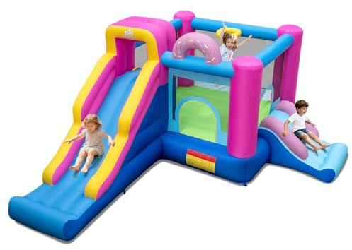 COSTWAY Castello Gonfiabile per Bambini, Casa Gonfiabile con Doppio Scivolo, Area di Rimbalzo, Parete d'Arrampicata e Canestro Basket, per Bambini 3-12 Anni (Senza Soffiatore)