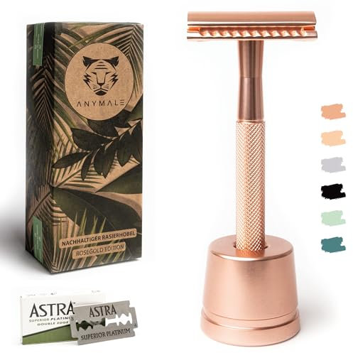 ANYMALE® Rasierhobel Rosegold Edition - Damen Set mit Ständer und 5 ASTRA Klingen - Plastikfreier Rasierer aus Metall