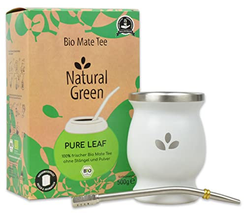 Delicatino - Mate Set Natural Green Pure Leaf Edelstahl Weiß (Pure Leaf 500g + Mate Becher weiß + Bombilla Hexagonal 17 cm), Mate Tee Set, Yerba Mate Tee, Doppelwandige Isolierung, 200 ml