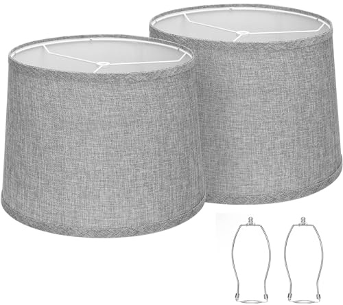 Drum Lampshades Set of 2, 11.6 Top x 12.6 Bottom x 9.8 High Lamp Shades for Table Lamps, Bedside Lamps, Floor Lamps, Gray Fabric Lampshade, Easy Assembly Lamp shade Replacement, Spider Fitter