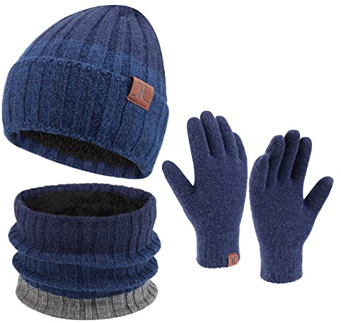 ZASFOU Berretto invernale da uomo lavorato a maglia sciarpa tubolare foderati in pile guanti invernali touchscreen set, regalo di Natale per uomini