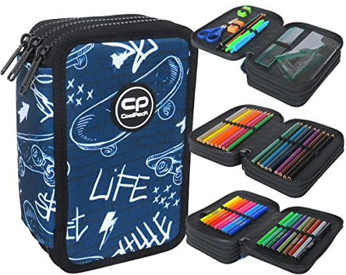 CoolPack XXL Pencil Case 3-Compartment School Pencil Case, Triple Pencil Case for Girls, Boys, Street Life, Pencil Case 44-Piece Filled Student Case 3-Tier, navy, Pencil case