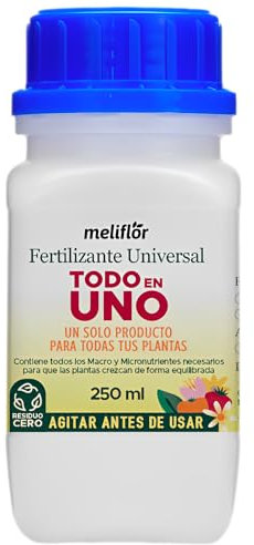 Meliflor Fertilizante Todo en Uno 250ml (Hortalizas, árboles frutales, plantas de interior o exterior) Fertiliza y Protege frente al estrés, cambios bruscos de temperatura, plagas y enfermedades.