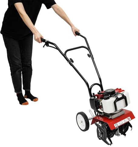 Begoniape 52CC Benzin Motorhacke Gartenfräse Grubber BodenfräSe 1900W Mini Kultivator 0.95L/33.44oz Kraftstofftank 35cm*3-10cm Anbaufläche luftgekühlt Zweitakt-Benzinmotor