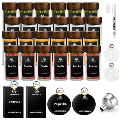 SAEIV Eco-Friendly Acacia Wood Lid Pot a Epices, (24 x 120 ml) Pot Epices Verre, Rangement Epices Cuisine, orbiculaire Bocaux à épices Utility Set With Etiquette Epices