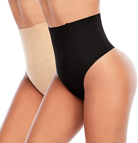 Werkiss Shapewear Thong for Women Tummy Control Knickers High Waisted Thongs Slimming Body Shaper Shaping Underwear(#1 Black+beige-mid Waisted, S