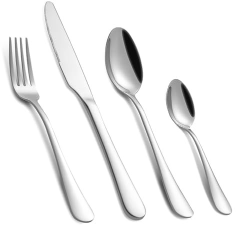 MeiyiZheng 4 Pcs Cutlery Set Stainless Steel Knife and Fork Flatware Set Camping Utensil Set for Picnic School Office Mirror Polish Silverware Set, Dishwasher Safe