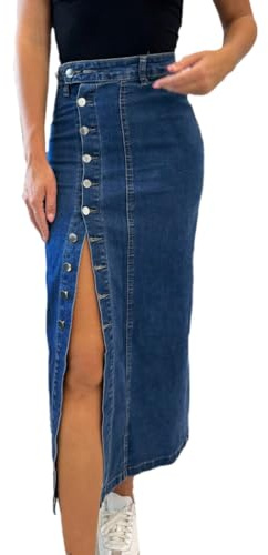 seiveini Jupe Jeans Femme Longue Moulante Jupes Crayon en Denim avec Boutonné Élégant Taille Haute Skirts Vintage Décontracté A Bleu Foncé S