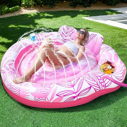 Inflatable Tanning Pool Lounger Float with Sprinkler, 72 x 47 Large Pool Floats Adults with Backrest & Drink Holder Blow Up Tanning Bed Lounger Pool Raft Floatie for Adults Water Party, Pink/Blue