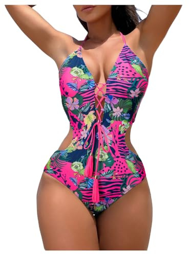 OYOANGLE Women's Tropical Lace Up Cut Out Monokini Swimsuit Tie Backless Halter One Piece Swimwear Multicolor Small