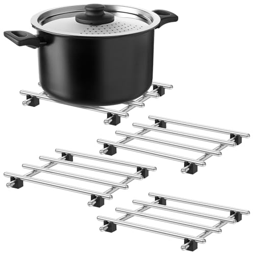 4 Pack Stainless Steel Trivet for Hot Dishes, 18 x 18 cm Metal Cooling Rack Set, Heat Resistant Kitchen Worktop Protector Mats with Non-Slip Feet for Hot Pots Pans Bakeware