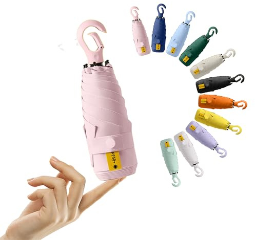 Travebo Mini Folding Travel Umbrella with Carabiner Ring Handle for Women Kids,UV Protection,Rain Sun,Fiberglass Ribs,Teflon coating,Lightweight Compact,Portable Small,Handbag,Pocket
