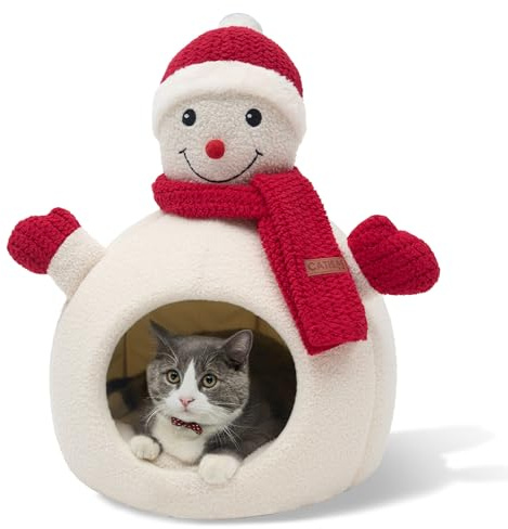CATISM Weihnachtliche Katzenhöhle Schneemannförmig Katzenbett 42x42x55cm | Schneemann-Katzenhöhle mit Warmem Kissen, Abnehmbar für Einfache Reinigung, Anti-Rutsch-Boden, für Katzen und kleine Hunde