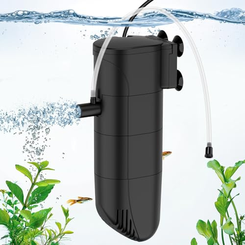fishkeeper 6W Aquarium Filter, Einstellbarer Durchfluss 400L/H Aquarium Pumpe mit Filter, Dreistufiger Aquarium Innenfilter mit Aktivkohle und Schwamm, Aquariumfilter für Kleine Aquarien bis 200L