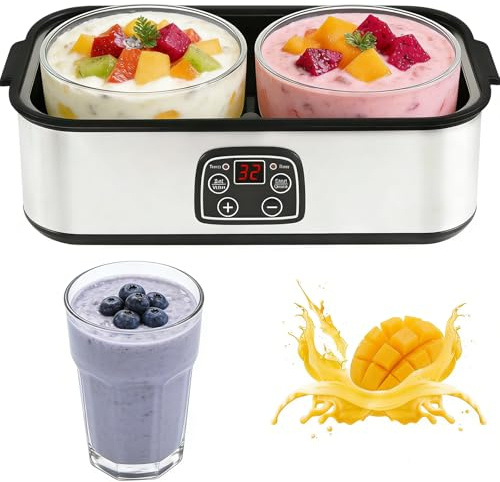2L Yoghurt Maker, Electric Yogurt Maker with 2 Glass Jars, LED Display, Adjustable Temperature & 48H Timer, for Dairy & Non-Dairy Probiotic Yogurt Making