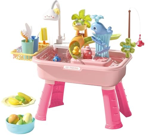 Wassertisch Für Kinder | Elektrischer Wasserspieltisch | Lustiges Kinderwaschbecken Mit Wolkenarmatur & 43 Zubehörteilen | Sommerliche Sinnesaktivitäten Im Freien Poolspielzeug Für Kinder (Rosa)