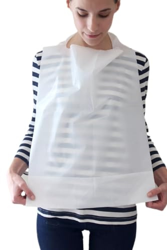 TIDI Disposable Adult Bibs with Crumb Catcher, 30 Pack, Plastic, White, Water Repellent, Solid, Unisex