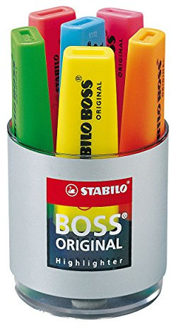 Textmarker - STABILO BOSS ORIGINAL - Box mit 6 Gläsern - gelb/grün/orange/rot/pink/blau