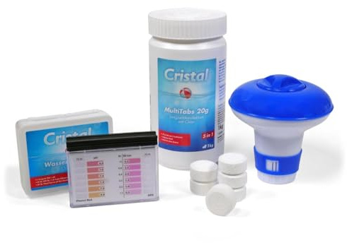 Cristal Multitabs Chlor Set - 5-in-1 Wasserpflege für Pools - Mit Dosierschwimmer & Teststreifen - Langzeitdesinfektion & Algenverhütung