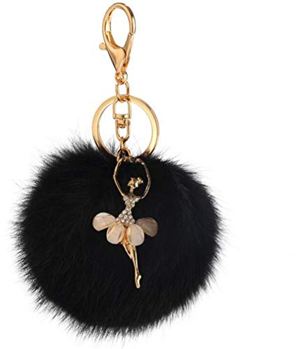 Schlüsselanhänger plüsch Ball glänzend Tänzerin Strass Taschenanhänger Elegant Autoschlüssel Plüsch-Kugel Anhänger Pompom Weich Schlüsselring Dekor bommel Keychain Handtaschenanhänger (Schwarz)