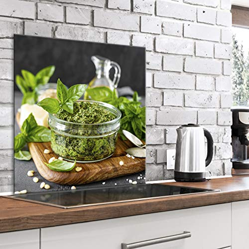 murando Crédence Cuisine en Verre Trempé - Plaque Anti-Projection 60x60 cm | 4 mm, Anti-Éclaboussures, Résiste à la Chaleur, Facile à Nettoyer, Déco Moderne, Cuillère à Soupe de Pesto Basilic et Olives