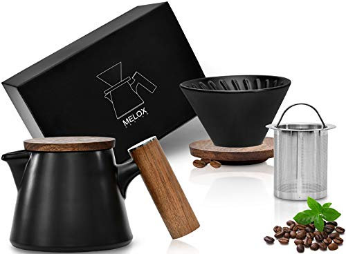 MELOX - 2-in-1 Teekanne & Kaffeebereiter für Tee & Filterkaffee - Tee- & Kaffee-Kanne mit Siebeinsatz & Filter-Aufsatz Porzellan - Teekannen & Kaffee-Zubereiter Keramik mit Sieb - 600ml inkl. Deckel