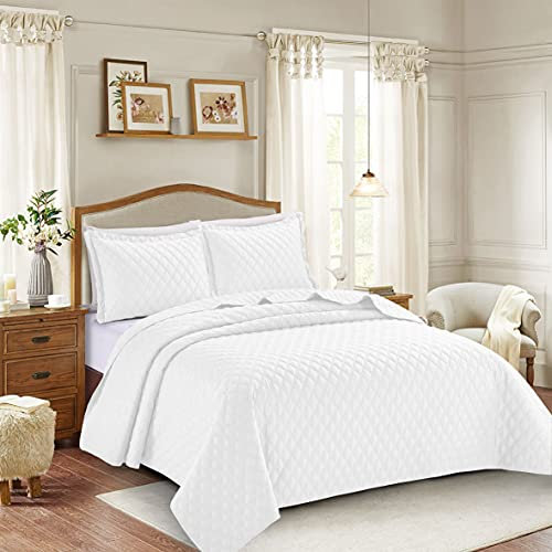 PRIME LINENS 3 Piece Inspiration Quilted Bedspread Embossed Pattern Comforter Bedding Set Bed Throw with Pillow Case (White, Single 2 Piece)